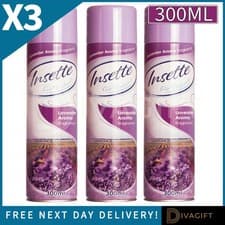 Image of 3 x INSETTE AIR FRESHENER SPRAY 300ML LAVENDER FRAGRANCE ODOUR ELIMINATOR NEW