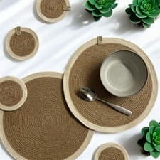 Image of Set Of 6 Natural Jute Round Placemats Handmade Rustic Boho Home Decor Table Mats