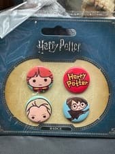 Image of Chibi HARRY POTTER 4 PIN / BUTTON / BADGE SET - Ron, Malfoy, Harry and Logo Pin