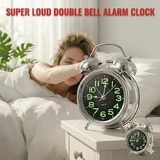 Image of Super Loud Twin Double Bell Alarm Clock with Night Light Metal Bedside UK