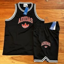 Image of Adidas Originals Boys Mesh Basketball Jersey & Shorts Set Size XL Black Red NWT
