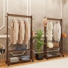 Image of Heavy Duty Clothing Rack Bamboo Garment Stand Rail Rolling Hanging Open Wardrobe
