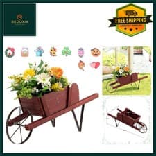 Image of Rustic Wooden Wheelbarrow Garden Planter Cart with Wheel & Handles Reddish Brown
