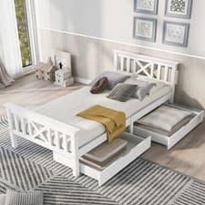 Image of Wooden Bed Frame Solid Pine Wood Single Bed 90x190 cm w/ 2 Storage Drawers White
