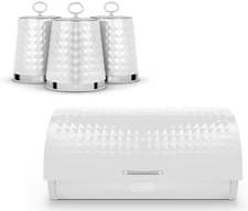 Image of Tower Solitaire White Bread Bin & Canisters Storage Set Embossed Diamond Design