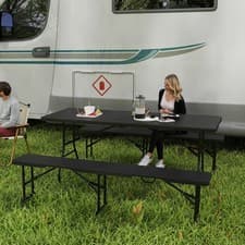 Image of Rattan Effect Folding Picnic Table and Bench Set w/ Carrying Handles, Black