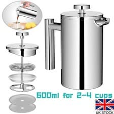 Image of French Press Coffee Maker 600ml Double-Wall Stainless Steel for Home Office New