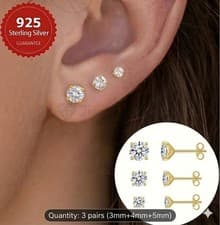 Image of 925 Sterling Silver Stud Earrings 3 Pair Set Cubic Zirconia 2mm-8mm