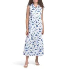 Image of RACHEL ZOE WHITE DENIM Fish Print Maxi Shirt Dress White Blue Size XL