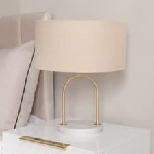 Image of Rachel Arch Marble Base Table Lamp Linen Drum Shade Bedroom Living Room Light