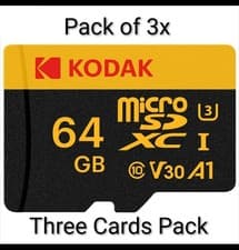 Image of 3-Pack Kodak 64GB Micro SD Micro SDXC U3 Class 10 A1 V30 Pack of 3 TF Cards