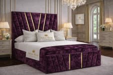 Image of Modern V Victor Luxury Gold Strip Lined Bed Crushed Velvet All Sizes + Colours