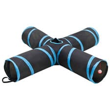 Image of Cat Tunnel 4-Way T-Shape Foldable Polyester+Steel Black/Blue 90x55x25cm Peephole