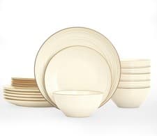 Image of 18pc Stoneware Dinner Set Cream White Gold Rim Plates Bowls Dishwasher Safe