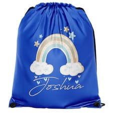 Image of Personalised Blue Rainbow Drawstring Bag Back to School Girl Custom Return To...