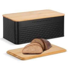Image of Worephu Bread Bin Box with Bamboo Cutting Board Lid Black Large Bread Storage