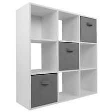 Image of White 3 Tier 9 Cube Storage Bookcase Shelf Display Unit Grey Fabric Shelving Box