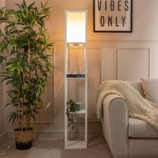 Image of Standard Floor Lamp with Shelf Storage Wooden Standing Living Room Tall Light