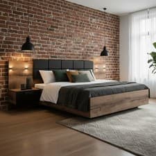 Image of BEST PRICE, euro king size bed frame, LED 2 bedside cabinets, oak & black Kassel