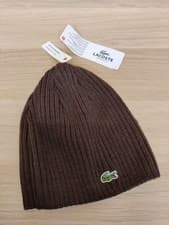 Image of BNWT GENUINE LACOSTE BEANIE HAT ONE SIZE BROWN WOOL ACRYLIC KNIT LOGO MENS WOMEN