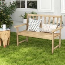 Image of Outdoor Garden Bench Teak Wood 2-Person Patio Chair with Slatted Seat Natural