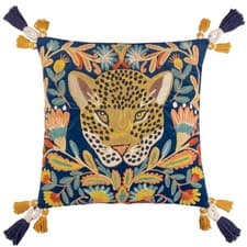 Image of furn. Wylder Tropics Regal Leopard Embroidered Velvet Cushion Cover, Royal Blue