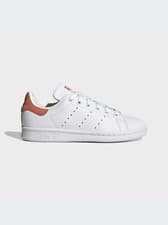 Image of Adidas Stan Smith Juniors/Womens Leather Trainers - All Sizes - White/Orange.