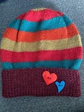 Image of Hand Knitted Ladies Beanie Hat with Heart Button Trim One Size