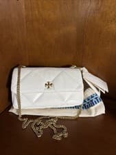 Image of Tory Burch Kira Diamond Quilt Mini Flap Bag, White with Gold Accent and Chain