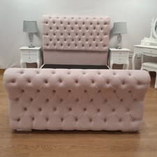 Image of New Stylish Upholstered Chesterfield Plush Velvet Sleigh Scroll Bed Frame Double