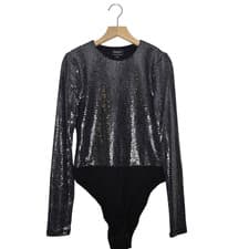 Image of Bardot Long Sleeve Silver Black Bodysuit Size Small Sparkly