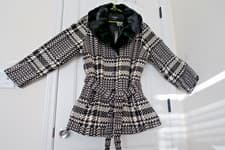 Image of NWT Ellen Reyes Coat Womens Petite Black White Houndstooth Faux Fur Collar 2XL
