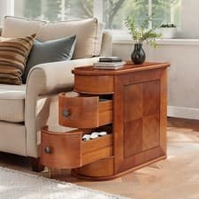 Image of Slim walnut side table, 2 drawers, narrow modern nightstand storage
