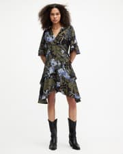 Image of AllSaints Women's Green Floral Wrap Dress Size 12 Asymmetric Viscose Ruffle Tie