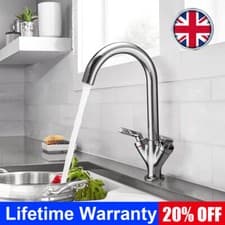 Image of Modern Kitchen Sink Mixer Taps Swivel Spout Dual Lever Tap Mono Chrome Faucet UK