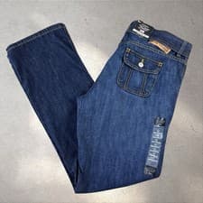 Image of Vtg Y2K Polo Ralph Lauren Round Patch Pocket Low Rise Flare Belted Jeans Sz 12