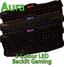 Image of Metro Aura Illuminated Backlit LED UK USB Wired Gaming Style Keyboard 3 Colour