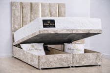 Image of Crushed Velvet Panel Gold Strip Solid Ottoman Lift Up Storage Bed / All Colours