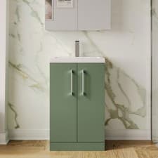 Image of Nuie Arno Compact Reed Green FS 2-Door Vanity Unit + Polymarble Basin - 500mm