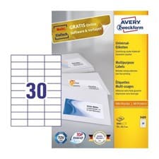 Image of Avery White 70 x 29.7 mm Self Adhesive Laser & Inkjet Multipurpose Labels - 30 P