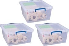 Image of 3 x Really Useful Box, 17.5 litres, nestable box with lid, Clear, Banded