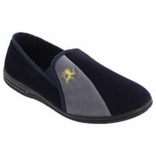 Image of Zedzzz Mens Navy Blue Velour Lion Motif Twin Gusset Full Slippers Aaron MS480