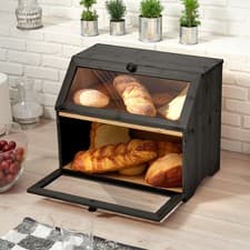 Image of Bamboo Wood Double Layer Bread Bin Food Storage Kitchen Countertop Top Shelf