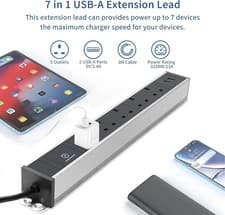 Image of 5 Socket Surge Protected Extension Lead UK Plug Outlet & 2 USB Port - 3M Cable