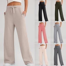 Image of Women Wide Leg Harem Pants Pockets Elastic Waist Casual Joggers Lounge Trousers