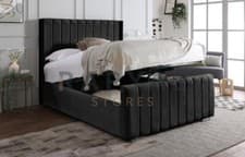 Image of OTTOMAN STORAGE BED PANEL PLUSH VELVET UPHOLSTERED BED FRAME- WINGED HEADBOARD