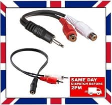 Image of 3.5mm to 2 RCA audio phono jack male and female adapter cable tv music stereo