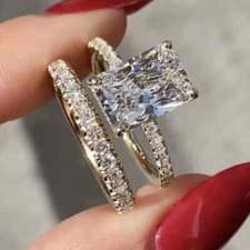 Image of 5.45 TCW Radiant Cut Moissanite Bridal Set Engagement Ring 9ct Solid Yellow Gold
