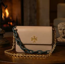 Image of NEW Tory Burch Kira Double-Strap Perfect Sand Beige Mini Crossbody/Shoulder Bag