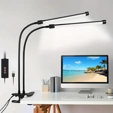 Image of USB Clip On LED Desk Lamp Dual Head Dimmable Reading Night Light Eye Protection